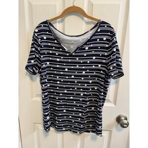 Chicos Size 2 Navy Blue White Dots Stripes Split V-neck Short Sleeve Top